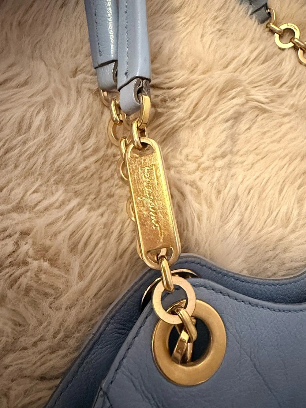 Light Blue Salvatore Ferragamo Leather Tote Bag with Gold Hardware